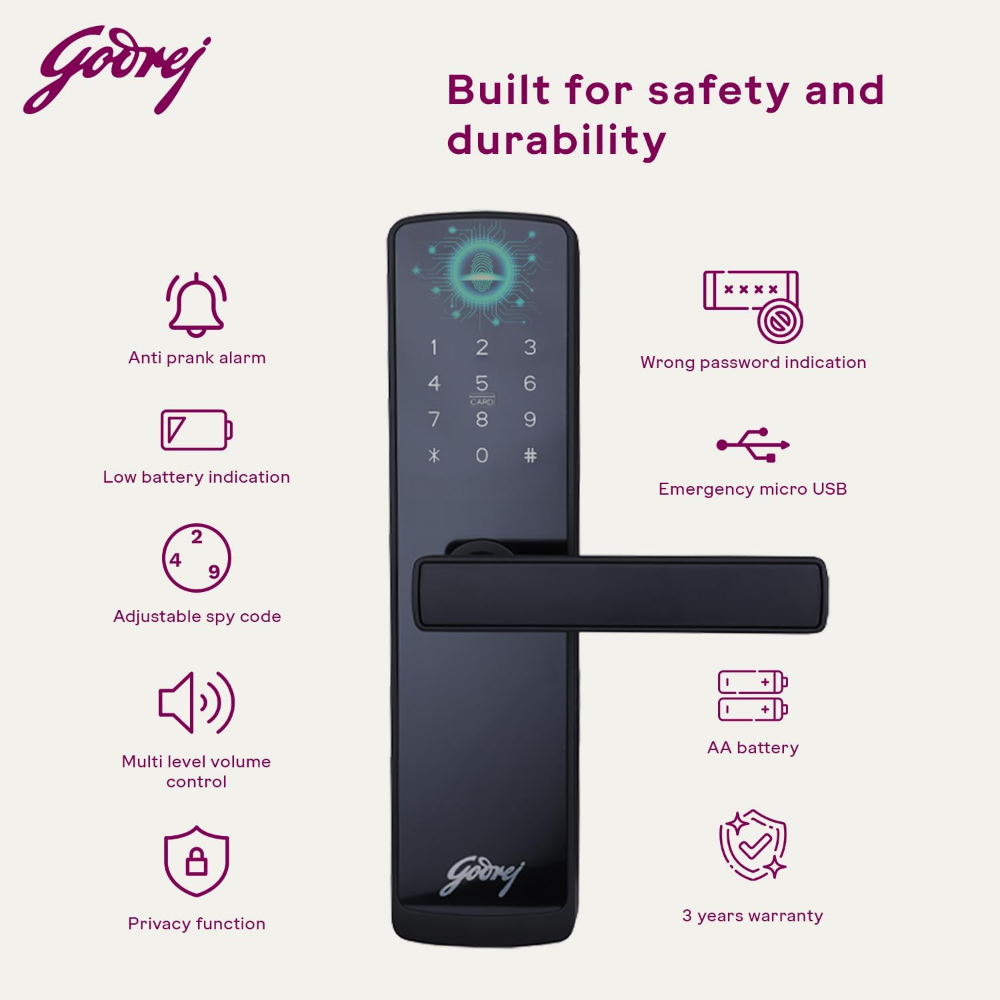 Godrej Smart Lock I Catus Connect I Digital Lock for Wooden Door |5 in 1 Access IWiFi I Fingerprint I RFID Card I PIN Access I Mechanical KeyI 3 Dead Bolts I Black I 3 Yrs Warranty| Free Installation
